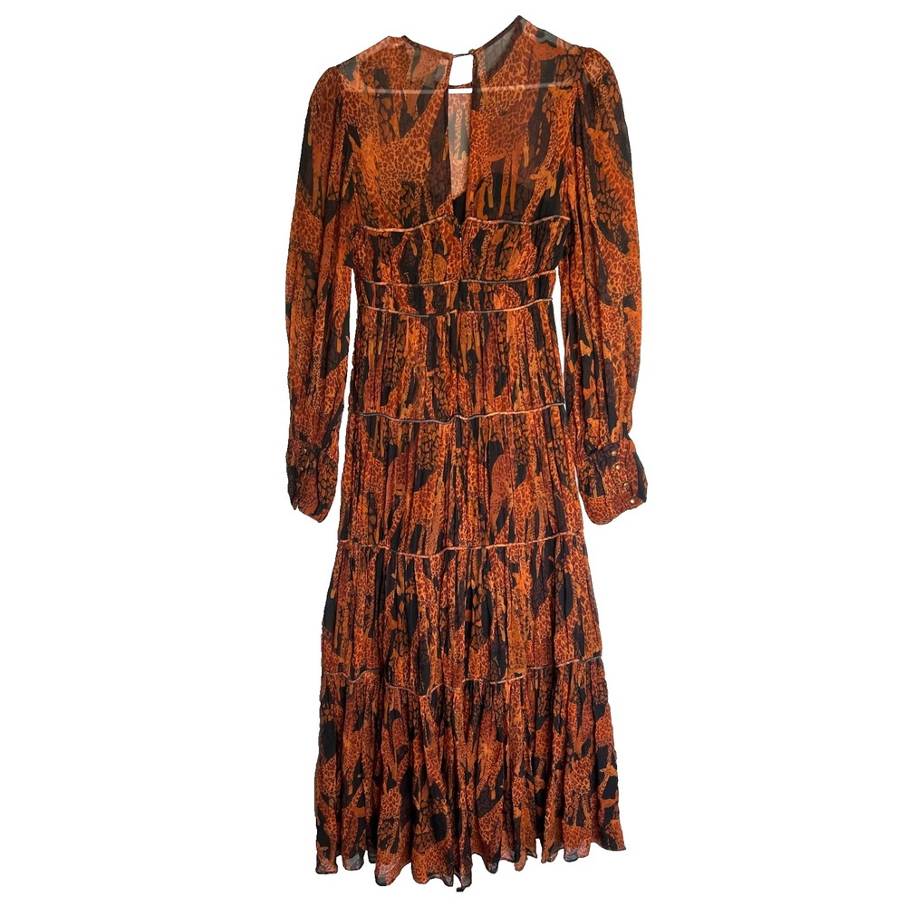Farm Rio Giraffes Puff Sleeve Tiered Chiffon Maxi Dress XS Burnt Orange RP$315 - Picture 5 of 16